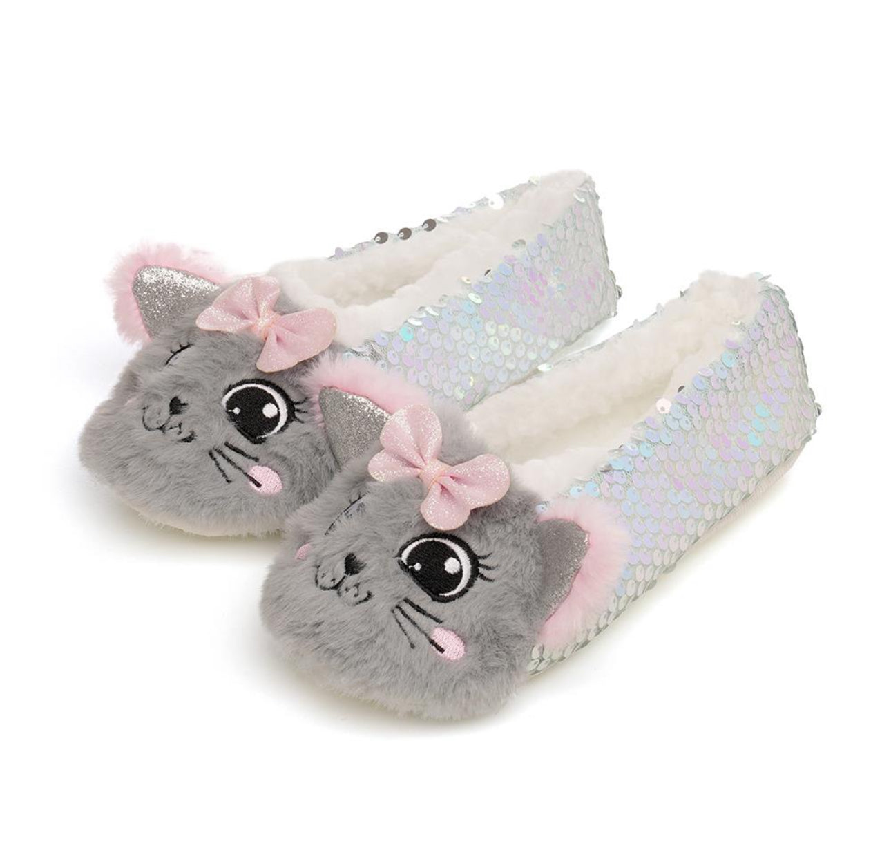Girls 3D Grey Sequin Cat Slippers