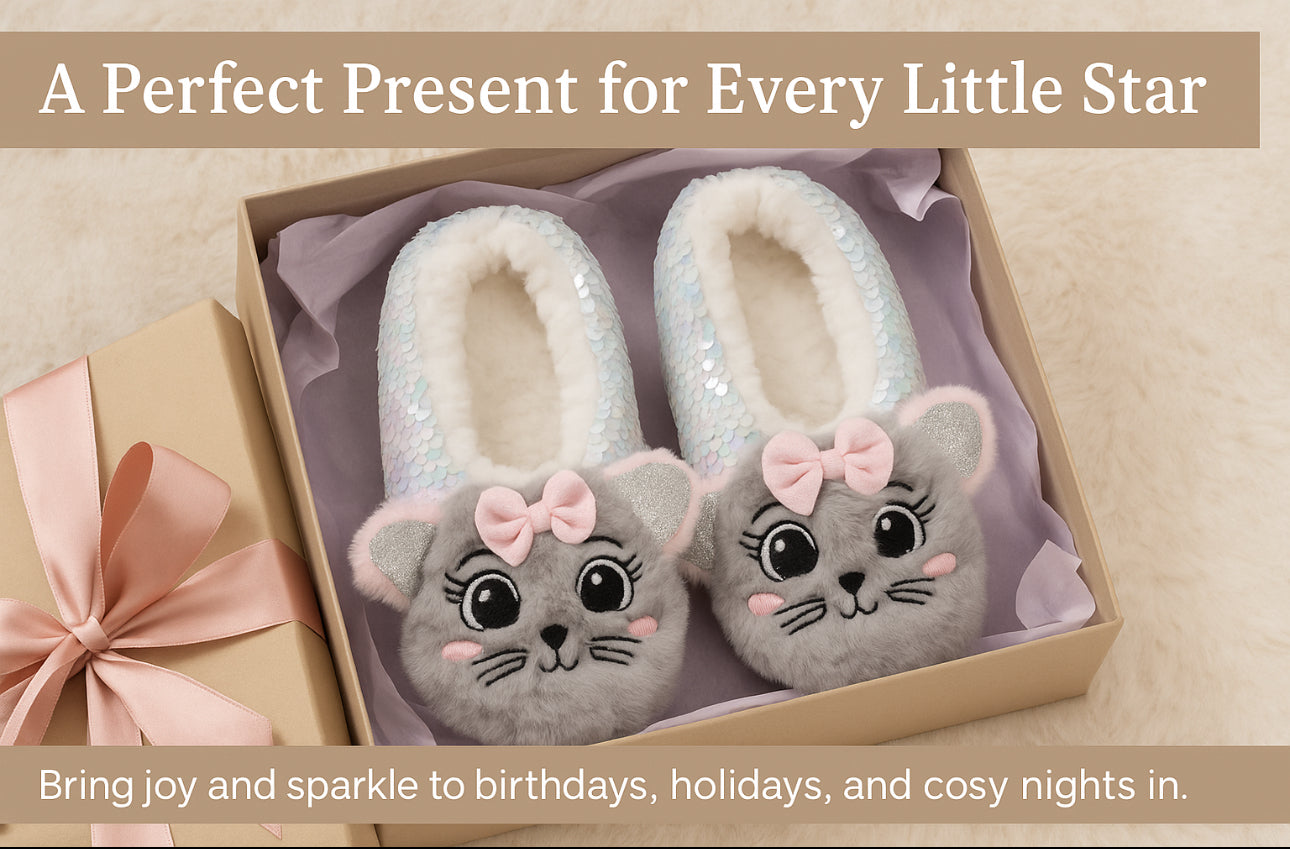 Girls 3D Grey Sequin Cat Slippers