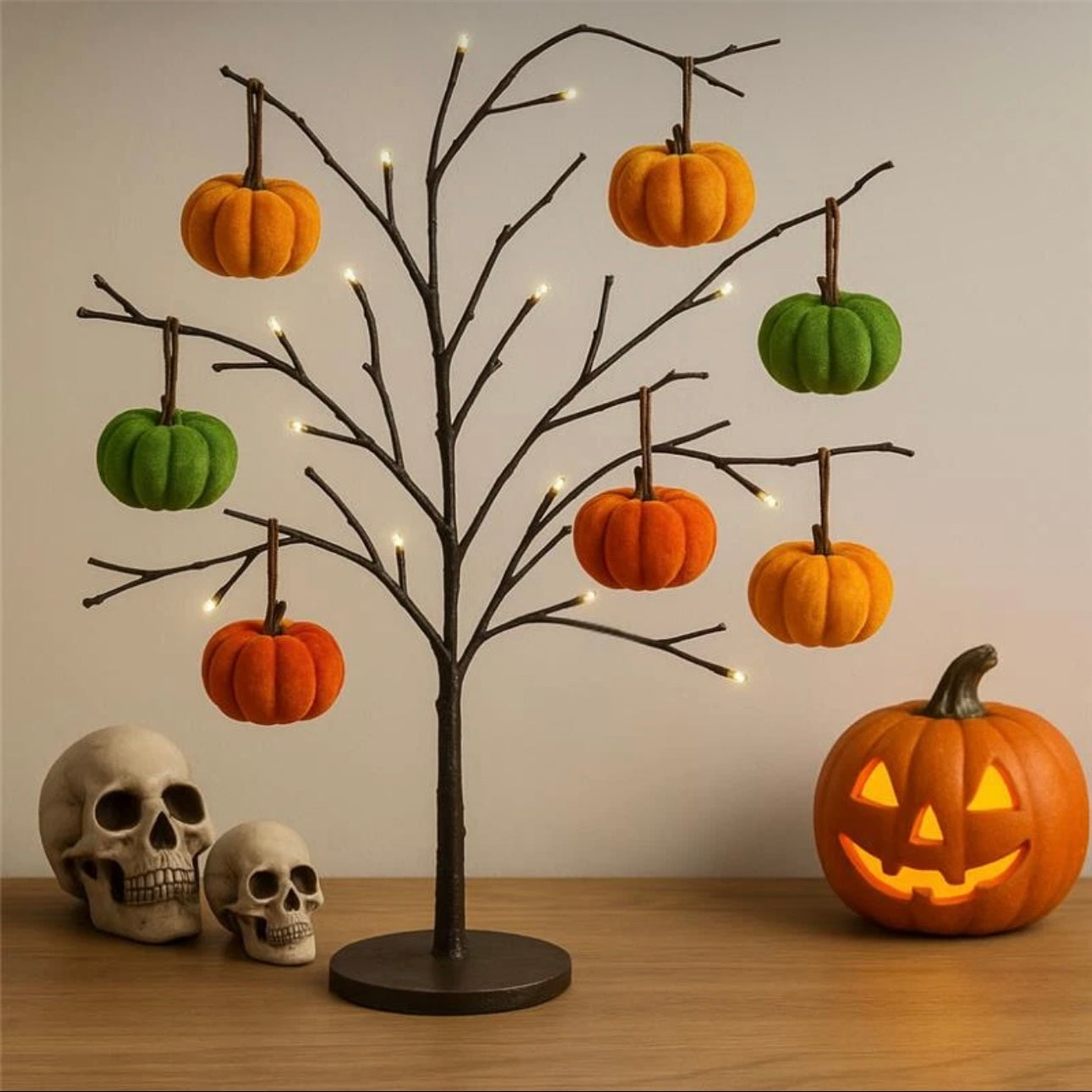 Black Halloween Tree With 7pc Faux Velvet Pumpkins