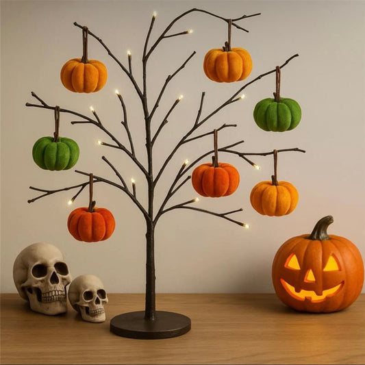 Black Halloween Tree With 7pc Faux Velvet Pumpkins