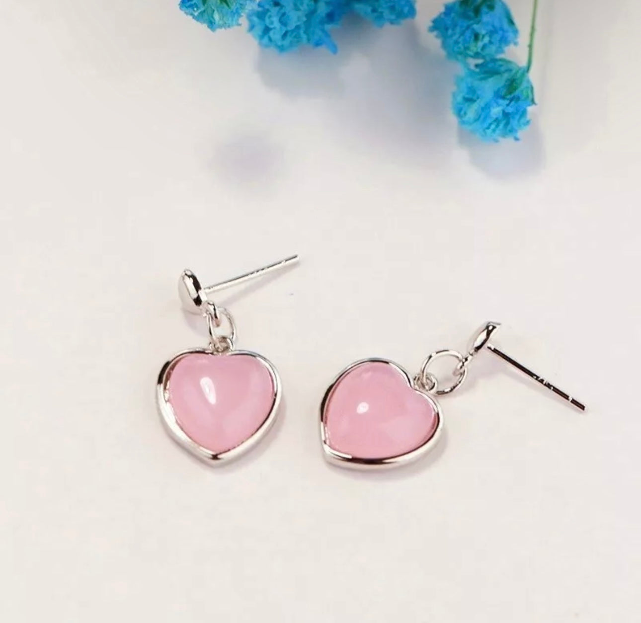 Silver Rose Quartz Heart Drop Earrings