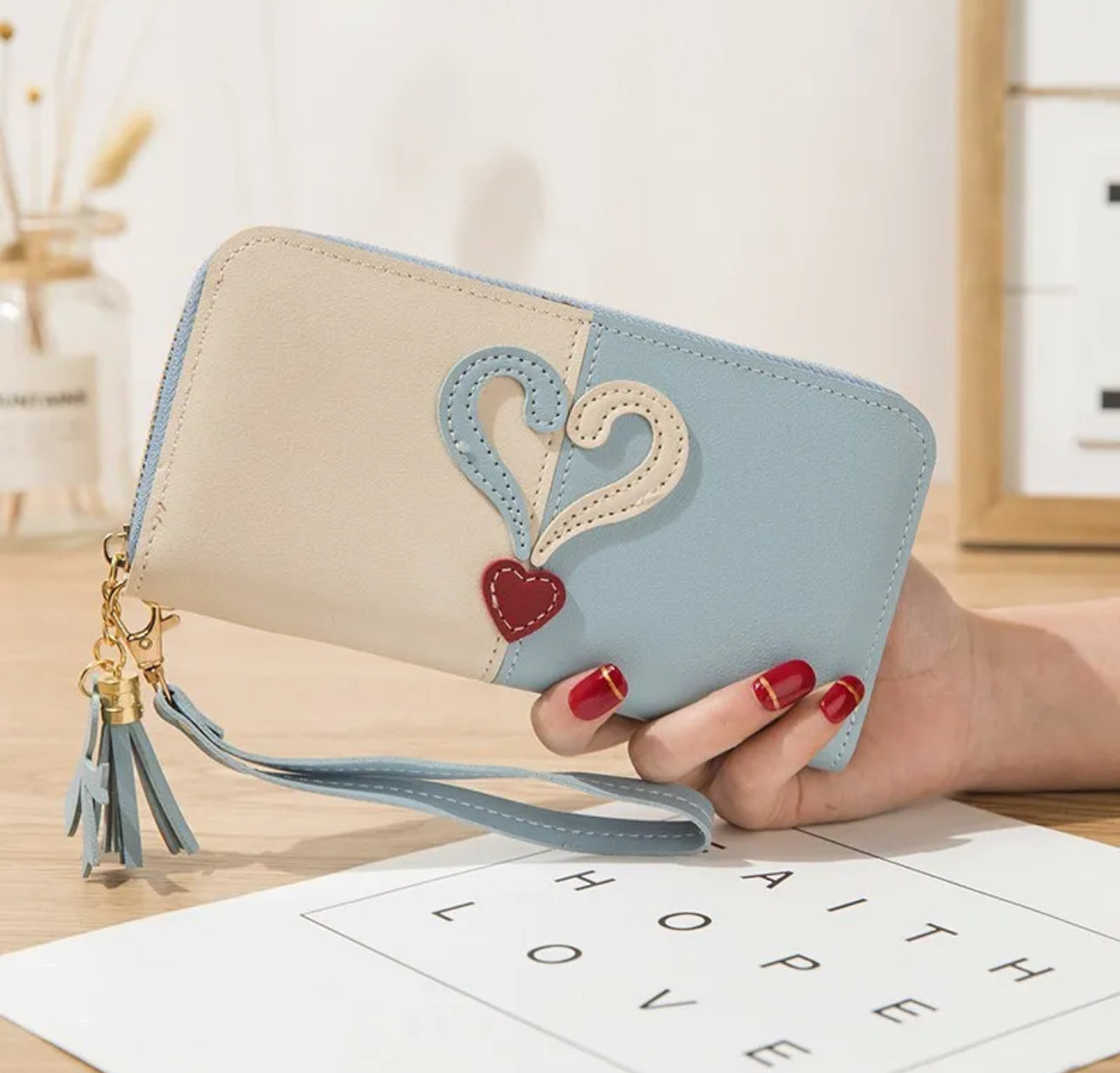 Ladies Heart Embellished Long Leather Purse