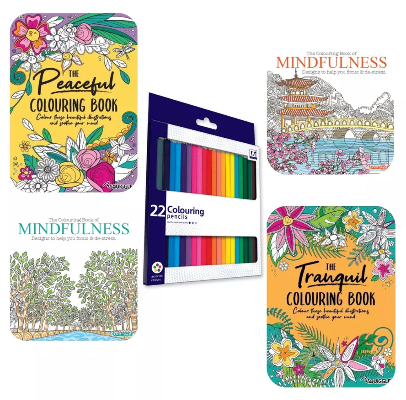 Set of 4 Relaxation Colouring Books + 22 Coloured Pencils