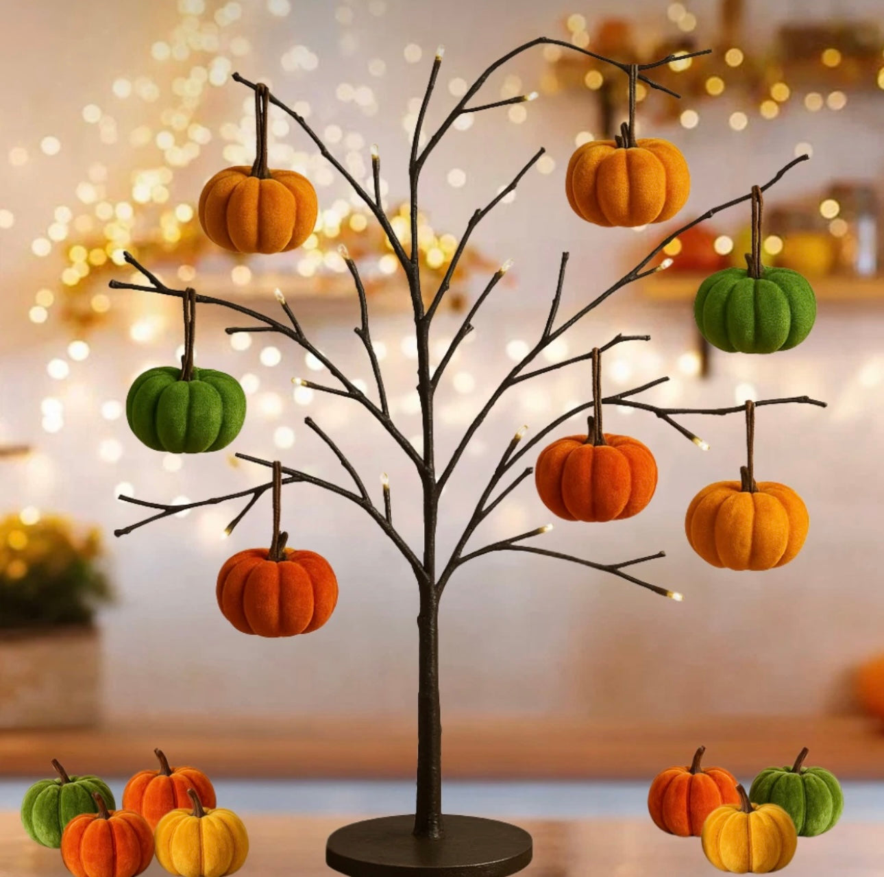 Black Halloween Tree With 7pc Faux Velvet Pumpkins