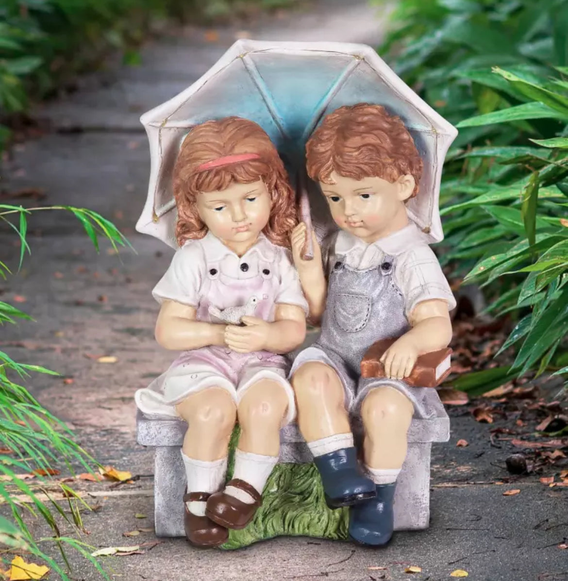 Solar Boy & Girl Under Umbrella Garden Ornament