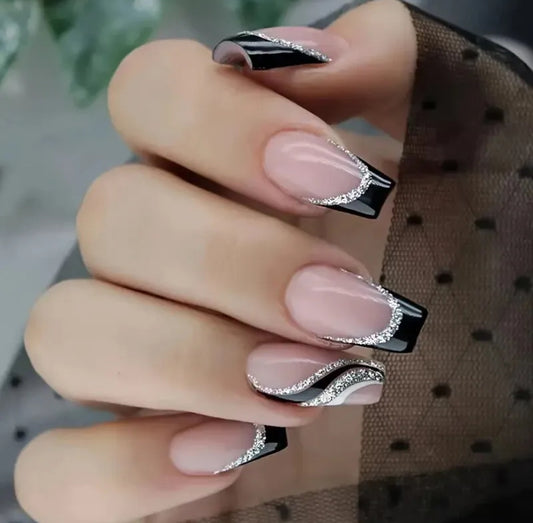 Black & Silver Glitter Press On Nails