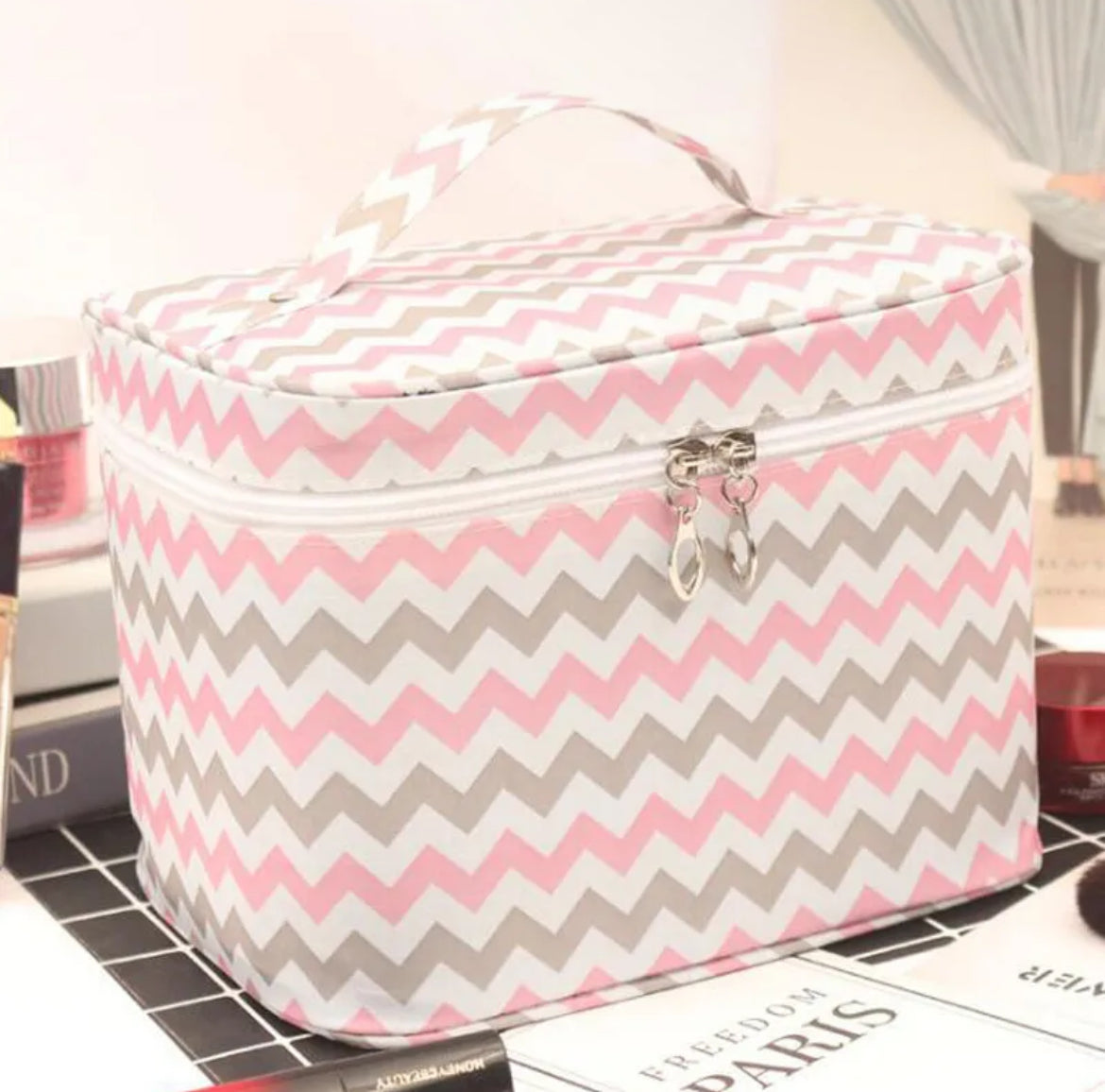 Pink & Grey Zig Zag Cosmetic Bag