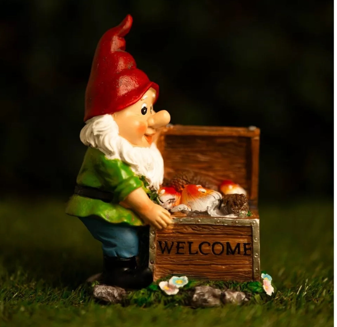 Solar Gnome With Welcome Chest Garden Ornament