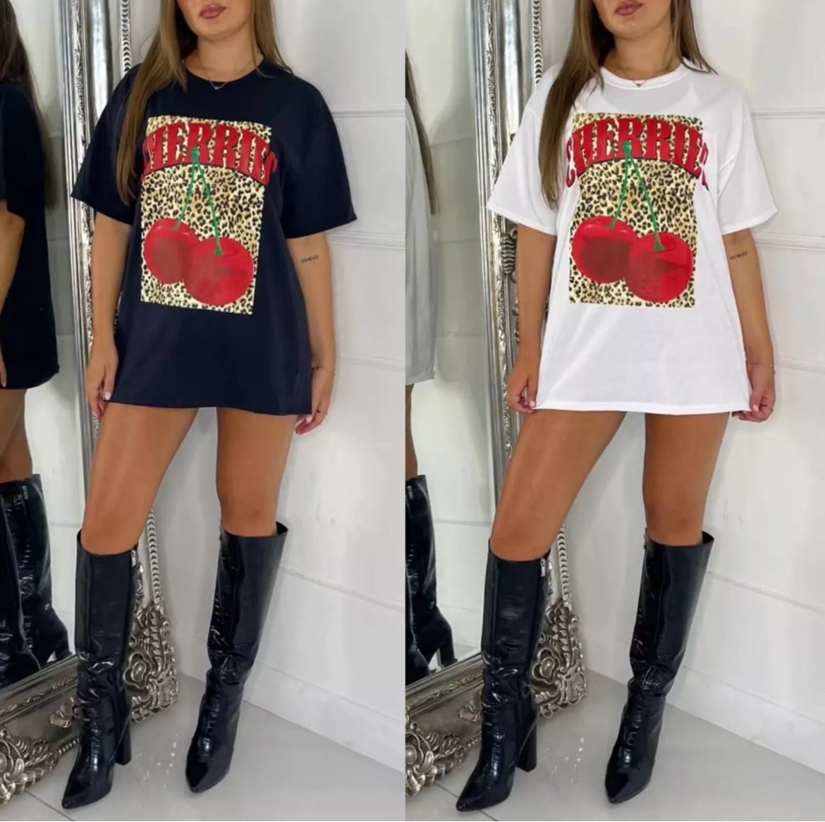 Oversized Cherries Leopard Print T-Shirt