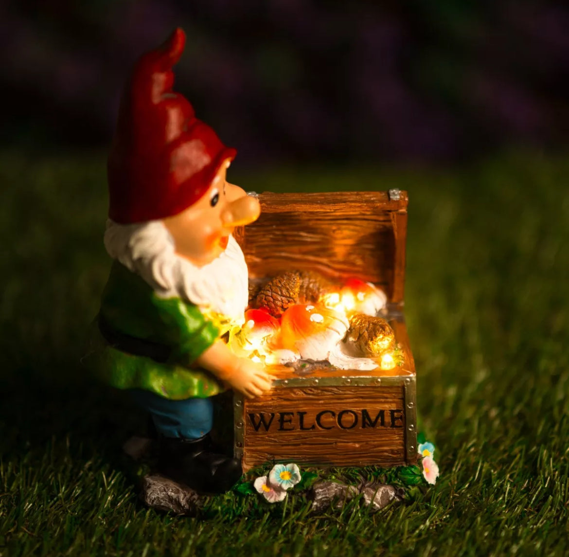 Solar Gnome With Welcome Chest Garden Ornament