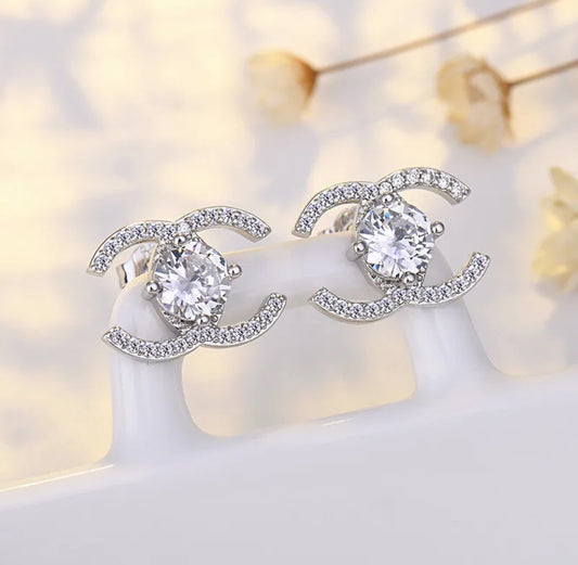 925 Sterling Silver Crystal C Earrings