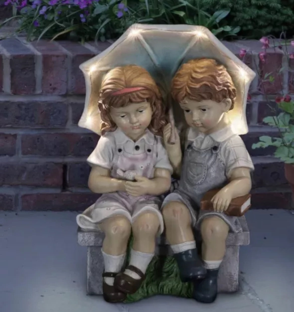 Solar Boy & Girl Under Umbrella Garden Ornament