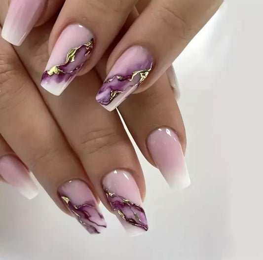 Pink/Purple Marble & Gold Foil Press On Nails