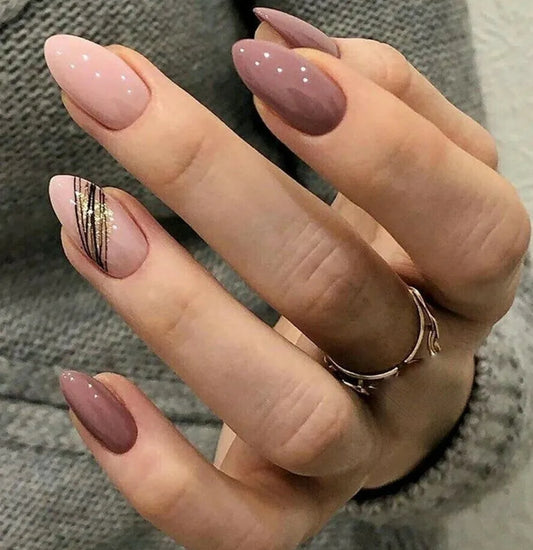 Pink With Gold/Black Lines Press On Nails