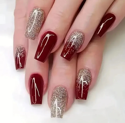 Red & Gold Glitter Press On Nails