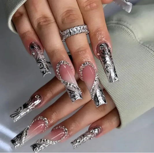 Silver Rhinestone Heart Press On Nails