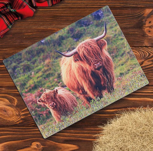 Highland Coo (cow) tempered glass chopping board