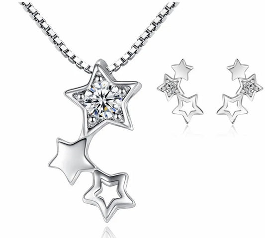 925 Sterling Silver Triple Star Necklace/Earrings