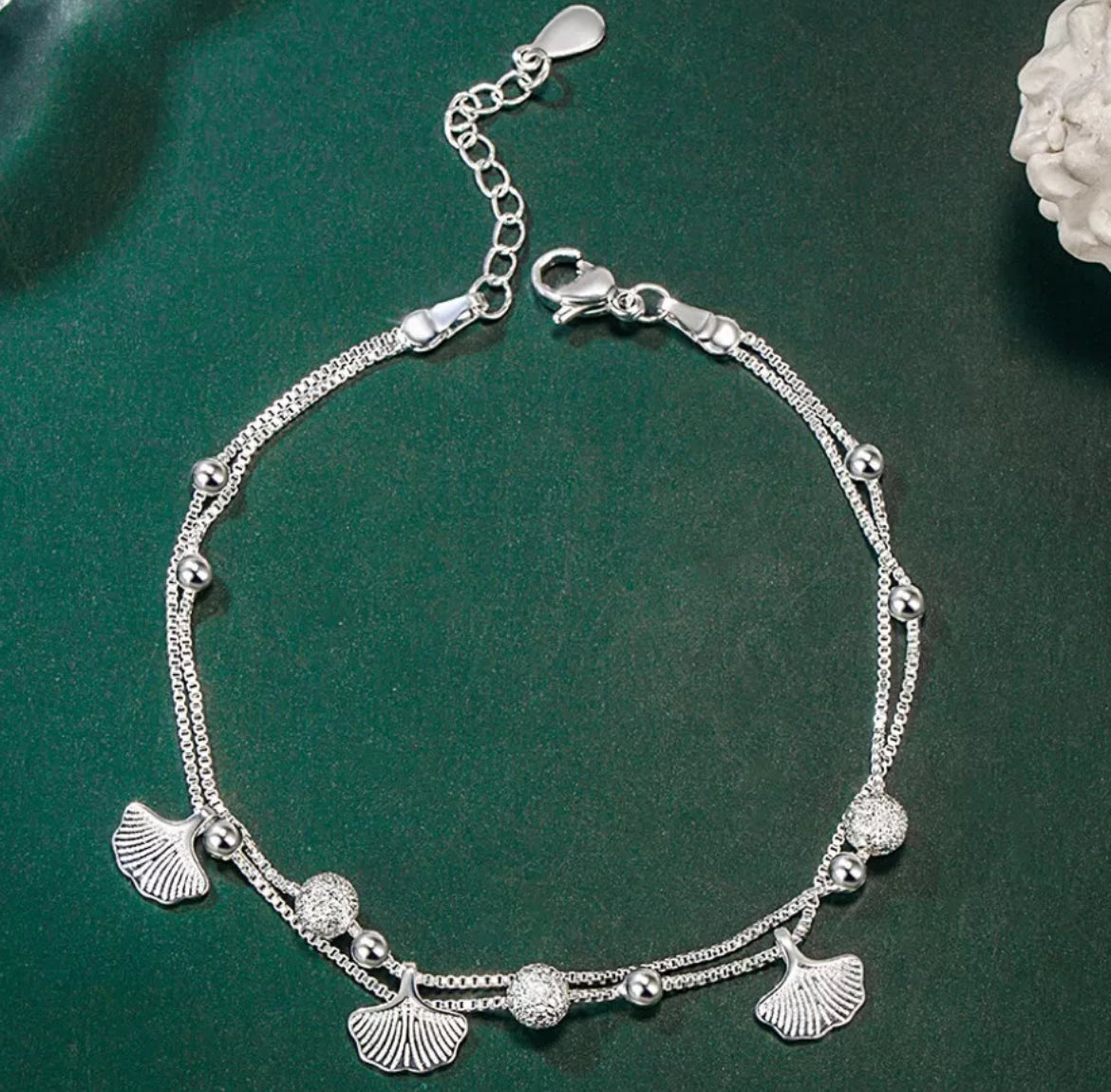 925 Sterling Silver Leaf Bead Linked Bracelet