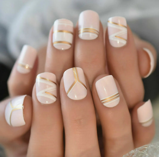 Pink, Gold & White Geometric Press On Nails