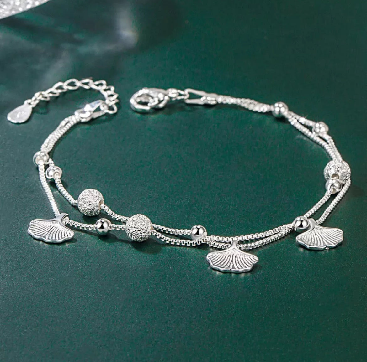 925 Sterling Silver Leaf Bead Linked Bracelet