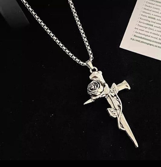 Rose on Cross 925 Sterling Silver Necklace