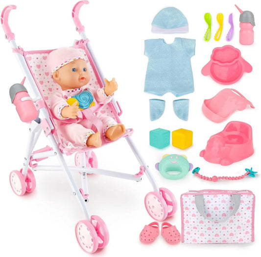 Baby doll with stroller and accessories