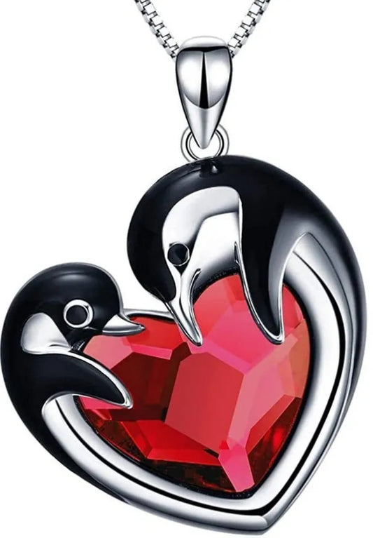 Penguin Red Crystal Heart Necklace