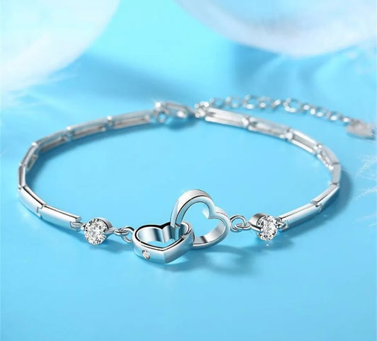 925 Silver Double Linked Hearts Bracelet