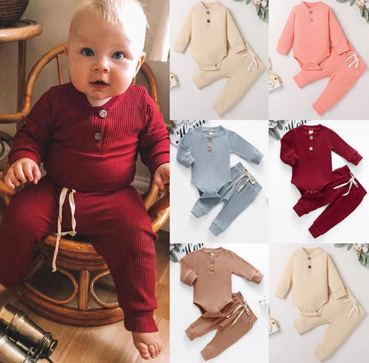 Unisex Baby Long Sleeved Ribbed Romper and Pants