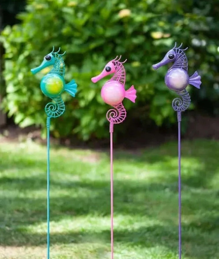 Pack Of 3 Bright Seahorse Metal Garden Stakes