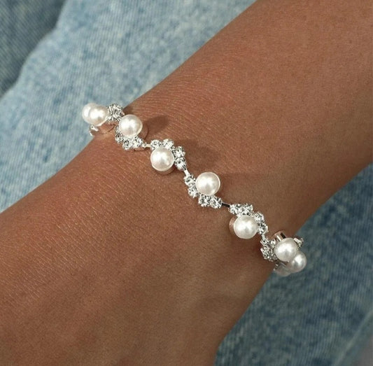 Silver Plated Crystal Pearl Rhinestone Bracelet