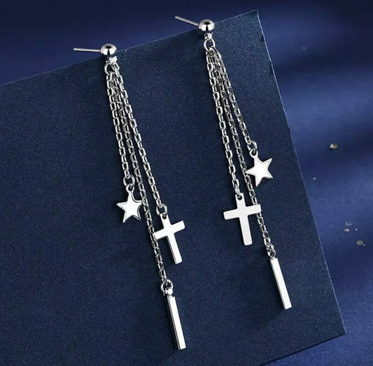 Cross & Star Tassel Drop Earrings