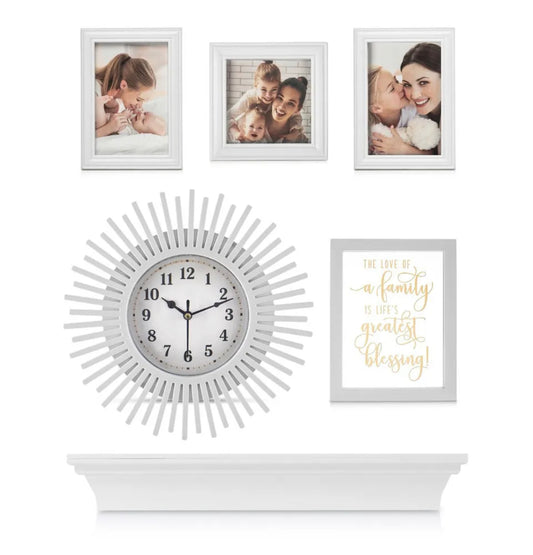 6 Piece Photo Frame Set With Clock & Shelf