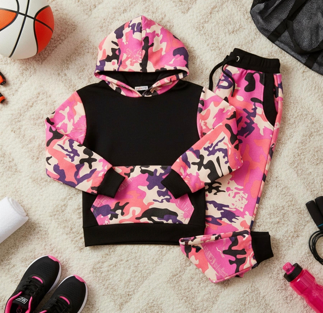 Girls Pink & Black Camo Tracksuit