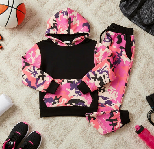 Girls Pink & Black Camo Tracksuit