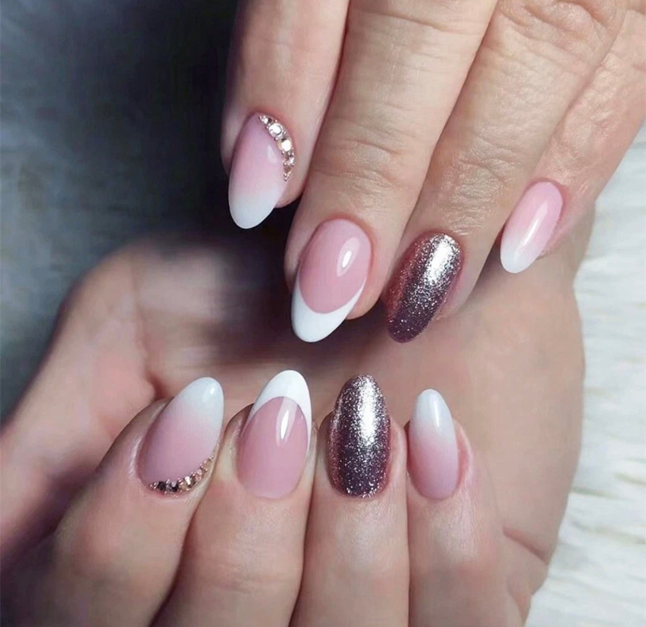 Oval French Gloss Nails With 3D Gems