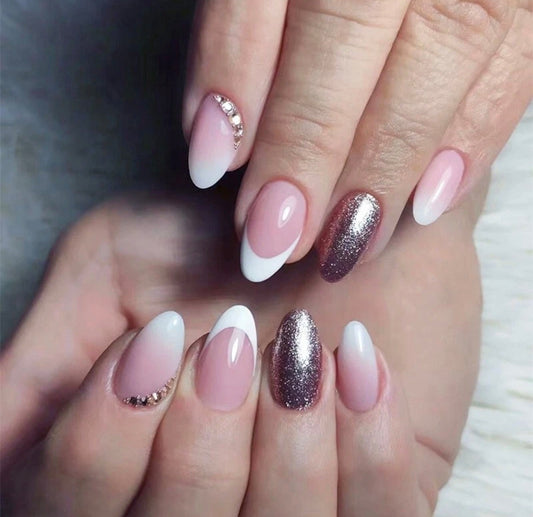 Oval French Gloss Nails With 3D Gems