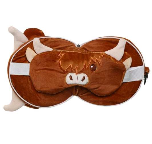 2-in-1 Novelty Travel Pillow / Eye Mask Highland Cow