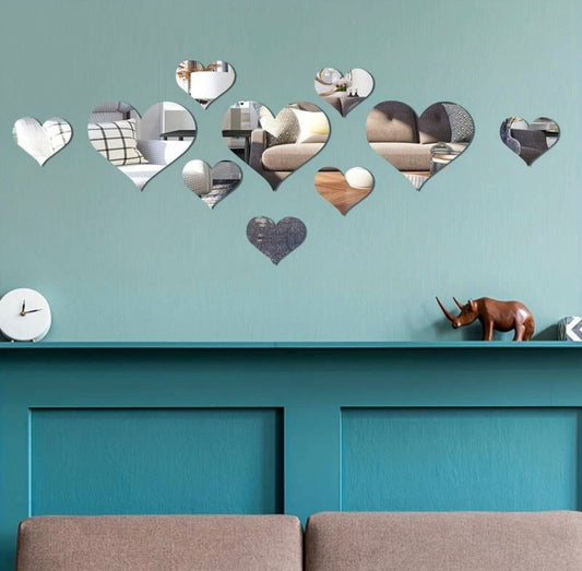 10pc 3D Heart Mirror Wall Decor