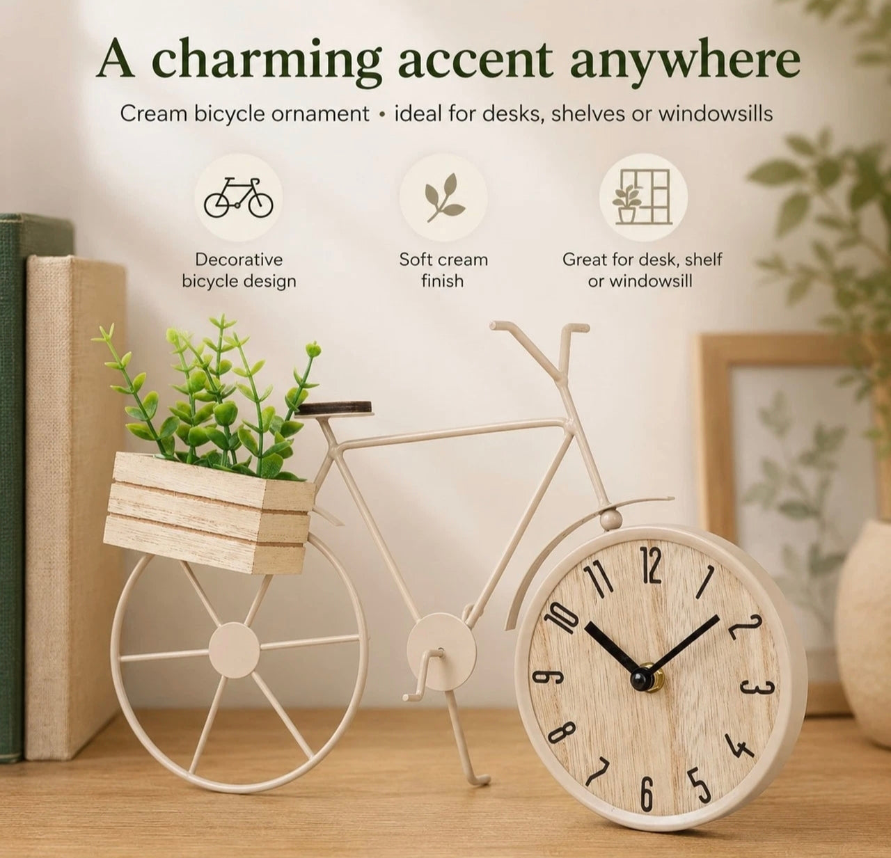 Bicycle Clock Ornament w/Wooden Planter