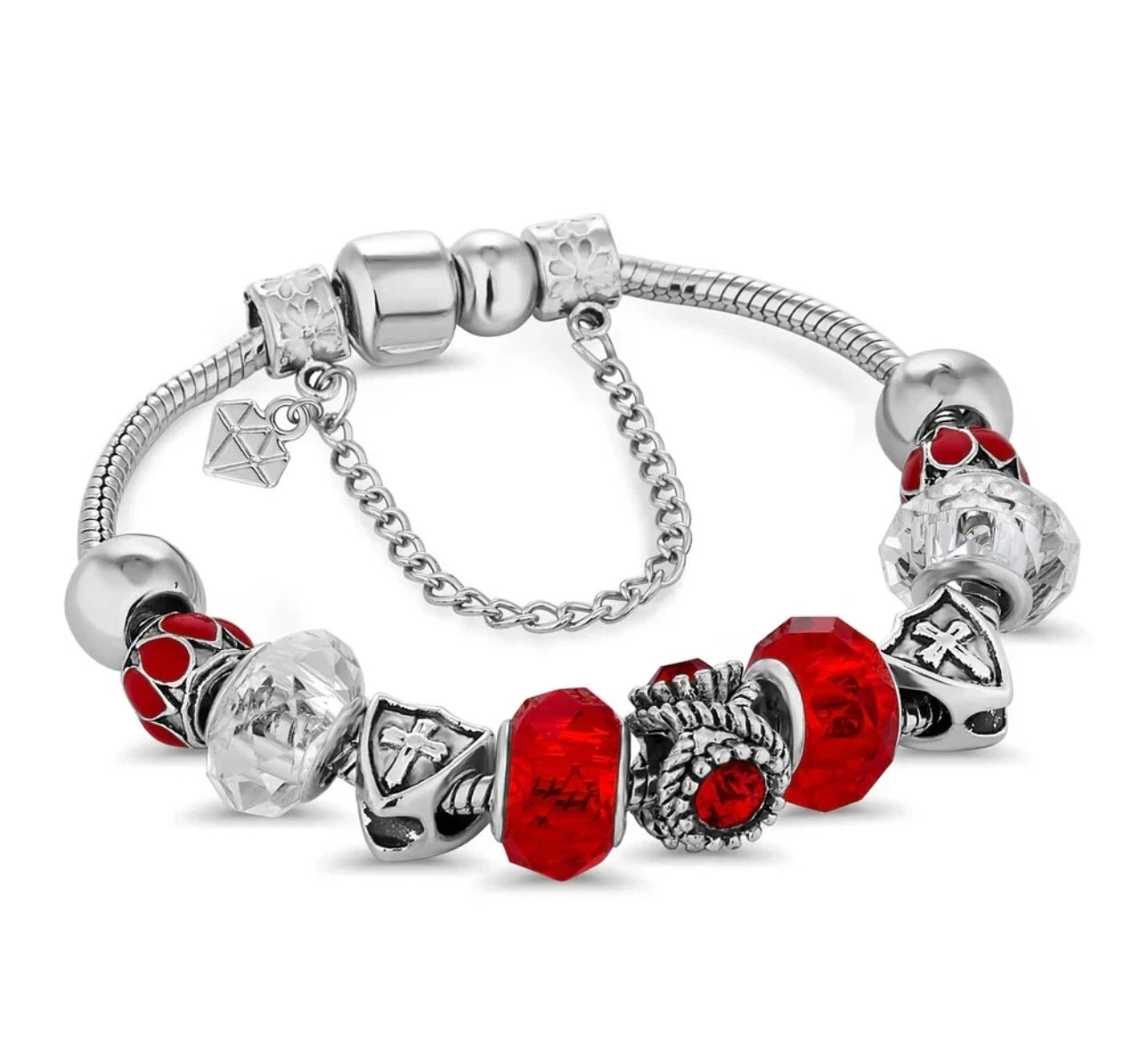 Red & Silver Diamond Style Charm Bracelet