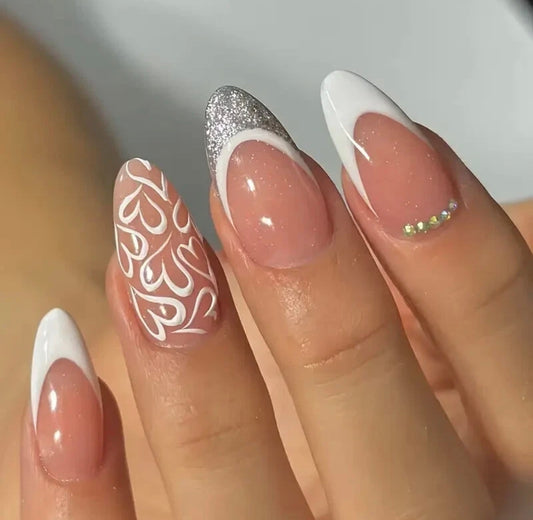 Oval French Heart Glitter Nails