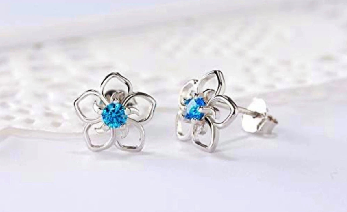 Blue Crystal Flower Stud Earrings