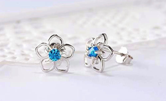 Blue Crystal Flower Stud Earrings