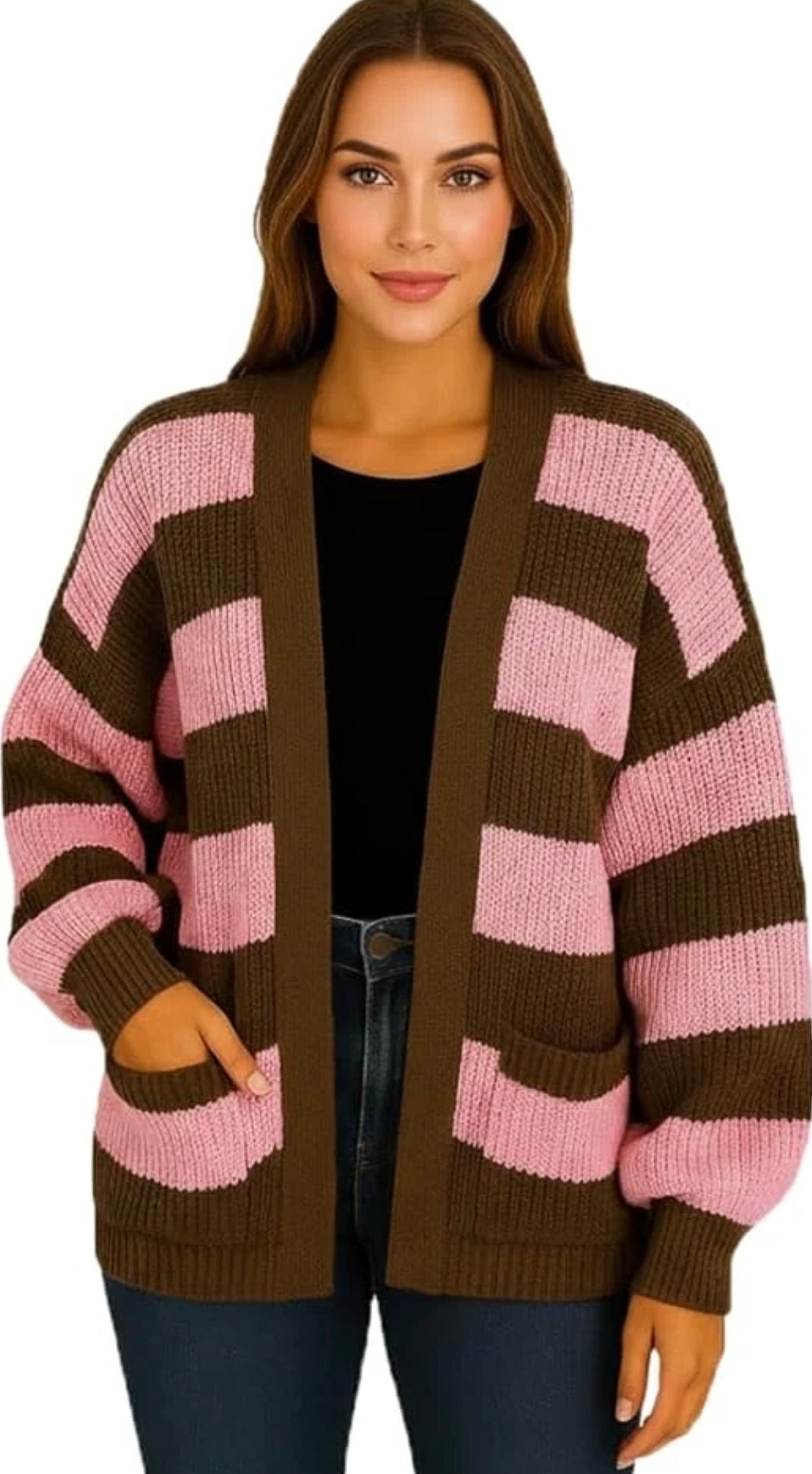 Women's Balloon Sleeved Striped Cardigan