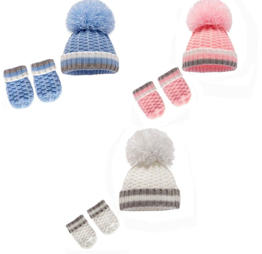 Ribbed Baby Pom Pom Hat & Mittens