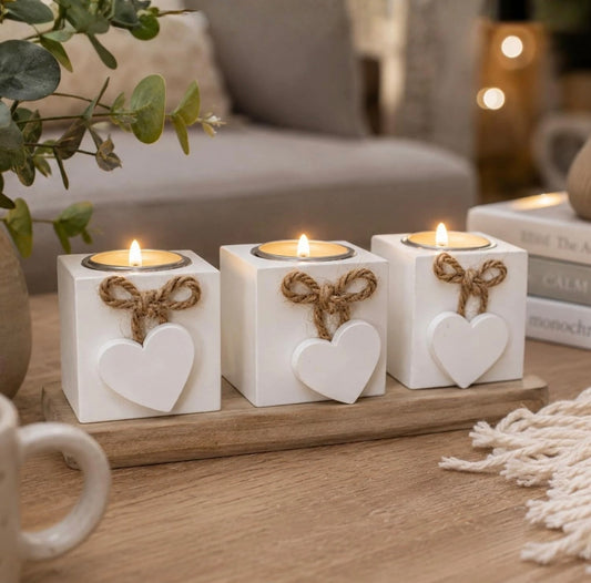 Set Of 3 White Wooden Heart Tealight Holders