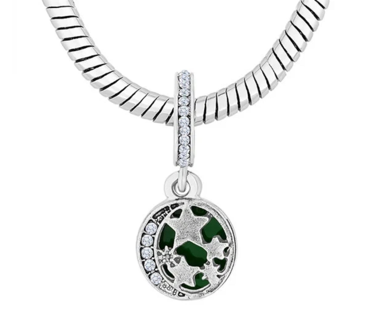 Silver & Green Diamond Style Charm Bracelet