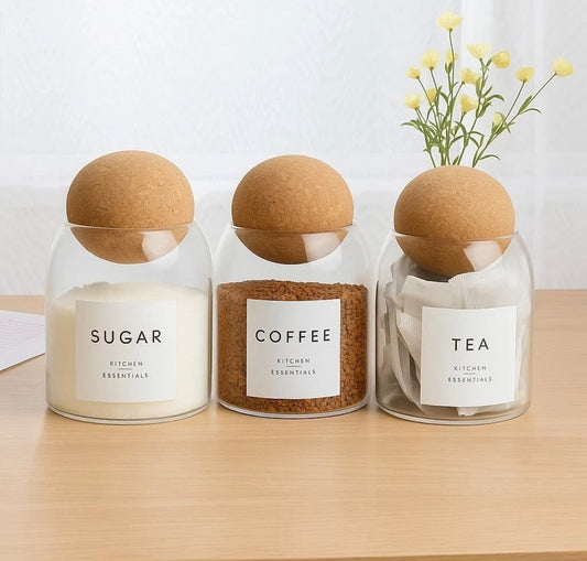 Set Of 3 Tea/Coffee/Sugar Jars With Cork Ball Lid